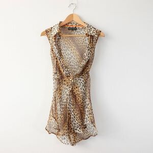 Cover Up Tunic Dress Medium Brown Silk Leopard‎ Belt Beach Wear Y2K MONICA MAGNI